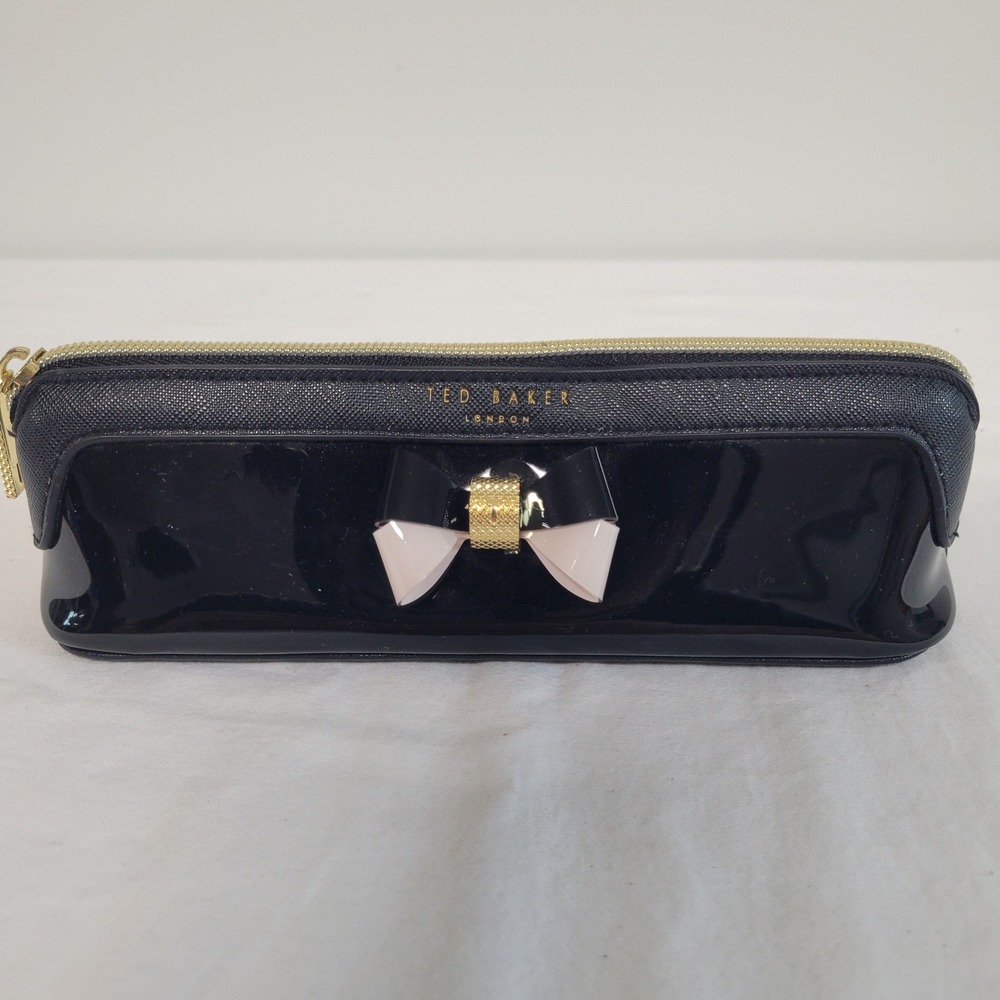 Ted Baker London Valda Black Patent Bow Pencil Case Makeup Bag Gold Hardware